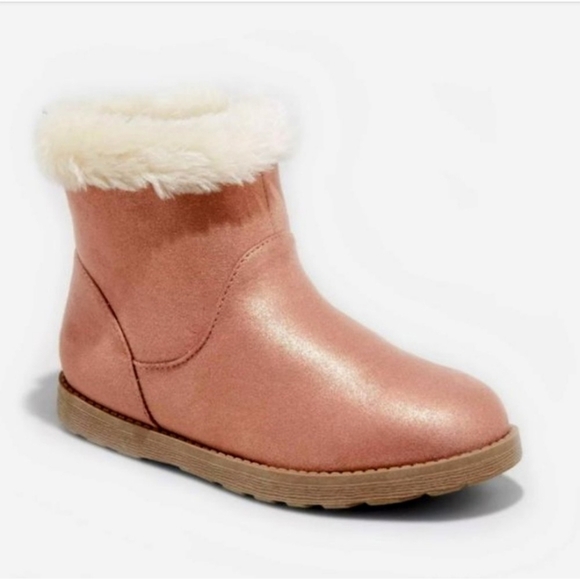 Cat & Jack Shearling Pink/ Blush Glitter Ankle Boots Big Girl's Size 5 - Picture 1 of 10